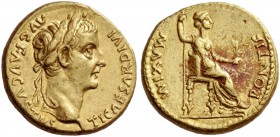 Tiberius, 14 – 37. Aureus, Lugdunum 14-37, AV 7.82 g. Laureate head r. Rev. Pax-Livia figure seated r. on chair with ornamented legs, holding long ver...