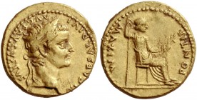 Tiberius, 14 – 37. Aureus, Lugdunum 14-37, AV 7.71 g. Laureate head r. Rev. Pax-Livia figure seated r. on chair with ornamented legs, holding long ver...