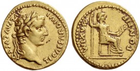 Tiberius, 14 – 37. Aureus, Lugdunum 14-37, AV 7.68 g. Laureate head r. Rev. Pax-Livia figure seated r. on chair with ornamented legs, holding long ver...