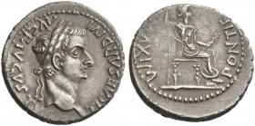 Tiberius, 14 – 37. Denarius, Lugdunum 14-37, AR 3.68 g. Laureate head r. Rev. Pax-Livia figure seated r., holding sceptre in r. hand and branch in l. ...