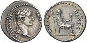 Tiberius, 14 – 37. Denarius, Lugdunum 14-37, AR 3.72 g. Laureate head r. Rev. Pax-Livia figure seated r., holding sceptre in r. hand and branch in l. ...