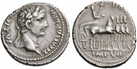 Tiberius, 14 – 37. Denarius, Lugdunum 15-16, AR 3.84 g. Laureate head r. Rev. Tiberius in triumphal quadriga r., holding laurel branch and eagle-tippe...
