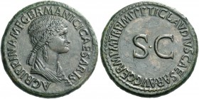 Tiberius, 14 – 37, in the name of Agrippina Senior, mother of Gaius. Sestertius circa 50-54, Æ 27.15 g. Draped bust r.; hair falling in long plait at ...