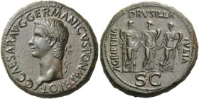 Gaius, 37 – 41. Sestertius 37-38, Æ 32.16 g. Laureate bust l. Rev. The sisters of Gaius standing facing: Agrippina, as Securitas, holds cornucopiae in...