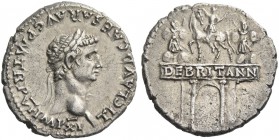 Claudius, 41 – 54. Denarius, 46-47, AR 3.62 g. Laureate bust r. Rev. DE BRITANN on architrave of triumphal arch surmounted by equestrian statue betwee...