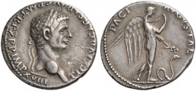 Claudius, 41 – 54. Denarius 50-51, AR 3.74 g. Laureate head r. Rev. Pax-Nemesis, winged, advancing r., holding with l. hand winged caduceus pointing d...
