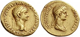 Claudius, 41 – 54. Aureus 50-54, AV 7.46 g. Laureate head of Claudius r. Rev. Draped bust of Agrippina r., wearing barley wreath. C 3. RIC 80. Calicó ...