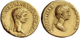 Claudius, 41 – 54. Aureus 50-54, AV 7.55 g. Laureate head of Claudius r. Rev. Draped bust of Agrippina r., wearing barley wreath. C 3. RIC 80. Calicó ...