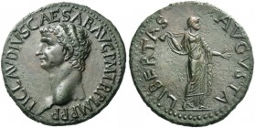 Claudius, 41 – 54. As 50-54, Æ 11.14 g. Bare head l. Rev. Libertas, draped, standing facing, head r., holding pileus in r. hand, l. extended. C 47. RI...