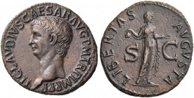 Claudius, 41 – 54. As 50-54, Æ 9.83 g. Bare head l. Rev. Libertas, draped, standing facing, head r., holding pileus in r. hand, l. extended. C 47. RIC...