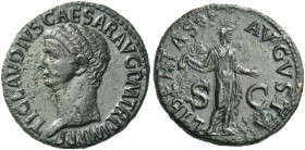 Claudius, 41 – 54. As circa 50-54, Æ 11.16 g. Bare head l. Rev. Libertas, draped, standing facing, head r., holding pileus and extending l. hand. C 47...