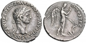 Claudius, 41 – 54. Denarius 51-52, AR 3.74 g. Laureate head r. Rev. Pax-Nemesis, winged, advancing r., holding with l. hand winged caduceus pointing d...