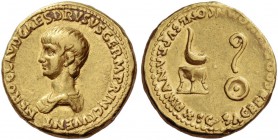 Nero caesar, 50-54. Aureus 50-54, AV 7.61 g. Bare-headed and draped bust of Nero l. Rev. Simpulum on r. and lituus on l., above tripod and patera resp...