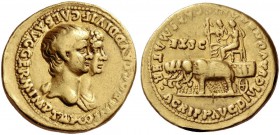Nero augustus, 54 – 68. Aureus circa January-November 55, AV 7.45 g. Conjoined busts of Nero, bare-headed, and Agrippina II, draped, r. Rev. Quadriga ...