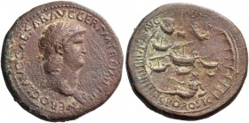 Nero augustus, 54 – 68. Sestertius circa 64, Æ 24.64 g. Laureate head r., with aegis on l. shoulder. Rev. Bird's eye view of the harbour of Ostia. At ...