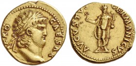Nero augustus, 54 – 68. Aureus 64-65, AV 7.28 g. Laureate head r. Rev. Nero, radiate, standing facing, holding branch and Victory on globe. C 44. RIC ...