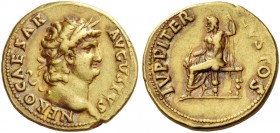 Nero augustus, 54 – 68. Aureus 64-65, AV 7.33 g. Laureate head r. Rev. Jupiter seated l. on throne, holding thunderbolt and long sceptre. C 118. RIC 5...
