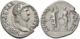 Nero augustus, 54 – 68. Denarius 64-65, AR 3.47 g. Laureate head r. Rev. Nero, radiate and togate, holding patera and long sceptre, standing l. beside...