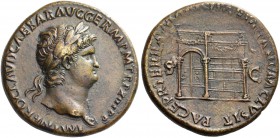 Nero augustus, 54 – 68. Sestertius circa 65, Æ 24.38 g. Laureate head r. Rev. View of the temple of Janus, door to l., decorated with garland. C 139. ...