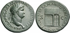Nero augustus, 54 – 68. Sestertius, Lugdunum circa 65, Æ 26.25 g. Laureate head r., with globe at point of bust. Rev. View of the temple of Janus, doo...
