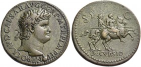 Paduan. Nero augustus, 54 – 68. Sestertius, Lugdunum circa 65, Æ 22.69 g. Laureate head r., with globe at point of bust. Rev. Nero, bare-headed in mil...