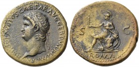 Nero augustus, 54 – 68. Sestertius 65, Æ 25.70 g. Laureate head l. Rev. Roma seated l. on cuirass, holding Victory and parazonium; be­hind her, two sh...