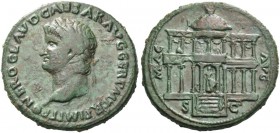Nero augustus, 54 – 68. Dupondius, Lugdunum circa 65, Æ 15.99 g. Laureate head l., with globe at point of neck. Rev. Frontal view of the Macellus Magn...
