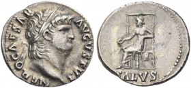 Nero augustus, 54 – 68. Denarius circa 65-66, AR 3.62 g. Laureate head r. Rev. Salus seated l. holding patera in r. hand and resting l. elbow on arm o...