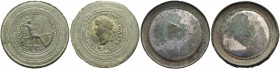 Nero augustus, 54 – 68. Mirror casing in two parts, styled after a Lugdunum dupondius issue of circa 66, Æ 58.36 g. Laureate head l., with globe at po...