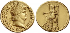 Nero augustus, 54 – 68. Aureus circa 66-67, AV 7.24 g. Laureate head r. Rev. Salus seated l. on throne, holding patera in r. hand and resting l. at he...