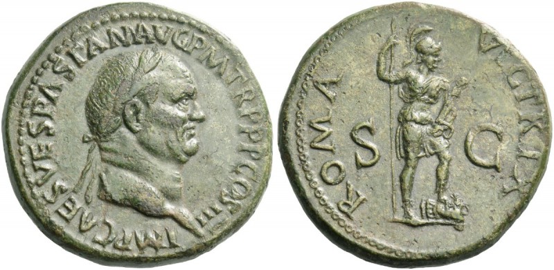 Vespasian, 69 – 79. Sestertius 71, Æ 25.58 g. Laureate head r. Rev. Roma standin...