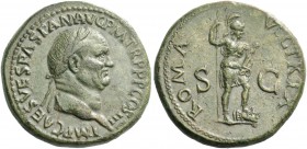Vespasian, 69 – 79. Sestertius 71, Æ 25.58 g. Laureate head r. Rev. Roma standing r., holding sceptre and parazonium; l. foot on cuirass. C 428. RIC 1...