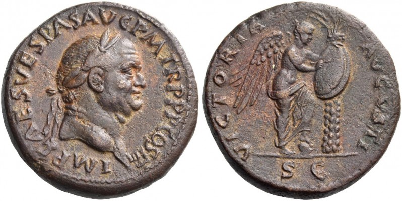 Vespasian, 69 – 79. Sestertius 71, Æ 26.78 g. Laureate head r. Rev. Victory stan...