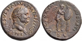 Vespasian, 69 – 79. Sestertius 71, Æ 26.78 g. Laureate head r. Rev. Victory standing r., foot on helmet, inscribing on shield on palm tree. C 621. RIC...