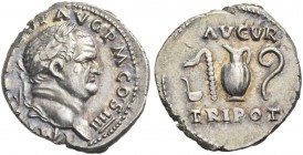 Vespasian, 69 – 79. Denarius 72-73, AR 3.54 g. Laureate head r. Rev. Priestly implements. C 45. RIC 356.
Light iridescent tone, obverse slightly off-...