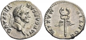Vespasian, 69 – 79. Denarius 74, AR 3.58 g. Laureate head r. Rev. Winged caduceus. C 390. RIC 686.
Light iridescent tone and about extremely fine