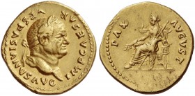 Vespasian, 69 – 79. Aureus 75, AV 7.18 g. Laureate head r. Rev. Pax seated l., holding branch in r. hand and sceptre in l. C 319. RIC 770. Calicó 662....