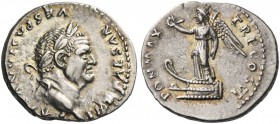 Vespasian, 69 – 79. Denarius 75, AR 3.27 g. Laureate head r. Rev. Victory standing l. on prow, holding wreath and palm branch. C 368. RIC 777.
Light ...