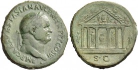 Vespasian, 69 – 79. Sestertius 75, Æ 24.39 g. Laureate head r. Rev. Temple of Jupiter Capitolinus. C –. RIC 817.
Extremely rare. Green patina somewha...