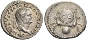 Vespasian, 69 – 79. Divus Vespasianus. Denarius 80-81, AR 3.23 g. Laureate head r. Rev. Two capricorns, back to back, supporting shield; below, globe....