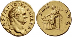 Titus, caesar 69 – 79. Aureus 73, AV 7.08 g. Laureate head r. Rev. Pax standing l., leaning against column and holding caduceus and olive branch on tr...