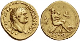 Titus, caesar 69 – 79. Aureus 77-78, AV 7.17 g. Laureate head with slight beard r. Rev. Roma seated r. on shields, l. foot over helmet, holding spear ...