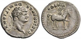 Domitian caesar, 69 – 81. Denarius early 76-77 early, AR 3.49 g. Laureate head r. Rev. Pegasus advancing r. C 47. RIC Vespasian 921.
Light iridescent...