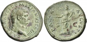 Domitian caesar, 69 – 81. Sestertius early 76-early 77, Æ 23.37 g. Laureate head r. Rev. Pax standing l., in outstretched r. hand and cornucopiae in l...