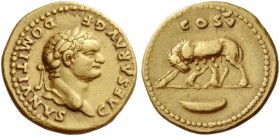 Domitian caesar, 69 – 81. Aureus 77-78, AV 7.33 g. Laureate head r. Rev. She-wolf l., with twins; in exergue, boat. C 50. RIC Vespasian 960. Calicó 82...