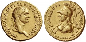 Domitian augustus, 81 – 96. Aureus 82, AV 6.99 g. Laureate head r. Rev. Helmeted and cuirassed bust of Minerva l., with aegis, holding spear over r. s...