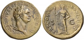 Domitian augustus, 81 – 96. Sestertius 82, Æ 27.14 g. Laureate head r. Rev. Minerva standing l., holding spear. C 581. RIC 105.
A bold portrait and a...