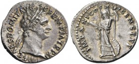 Domitian augustus, 81 – 96. Denarius 92, AR 3.35 g. Laureate head r. Rev. Minerva standing l. with thunderbolt and spear; at her feet, shield. C 272. ...