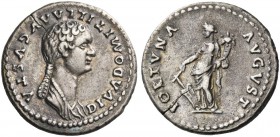 Diva Domitilla the younger, daughter of Vespasian and sister of Domitian. Denarius 82-83, AR 3.38 g. Draped bust r., hair in long plait at back. Rev. ...