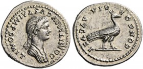 Domitia, wife of Domitianus. Denarius 81-84, AR 3.09 g. Draped bust r., hair falling in long plait behind neck. Rev. Peacock standing r. C 2. RIC Domi...